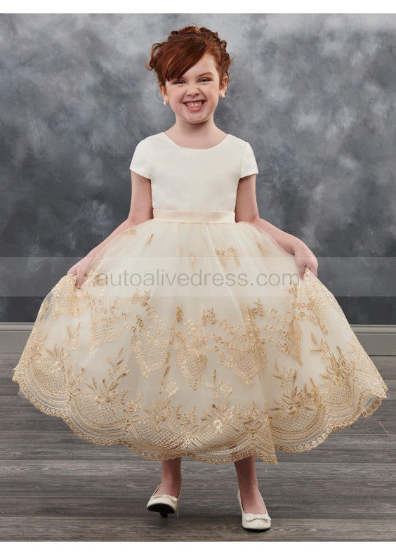 Cap Sleeve Champagne Lace Tulle Tea Length Corset Back Flower Girl Dress